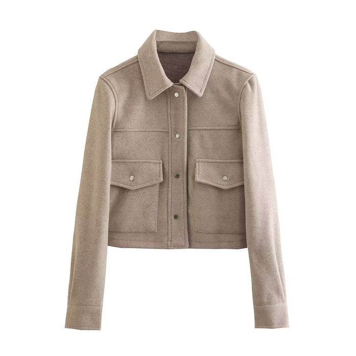 Color-Khaki-Autumn Winter Three Colors Soft Woolen Short Lapels Pocket Jacket Coat-Fancey Boutique