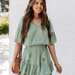 Color-Women Summer New Ruffled Solid Color Crew Neck Bohohemain Smocked Tiered Dress-Fancey Boutique