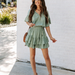 Color-Women Summer New Ruffled Solid Color Crew Neck Bohohemain Smocked Tiered Dress-Fancey Boutique