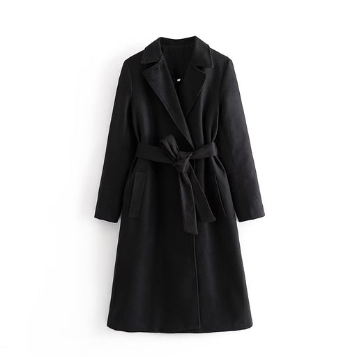 Color-Black-Women Belt Wool Coat Coat Casual-Fancey Boutique
