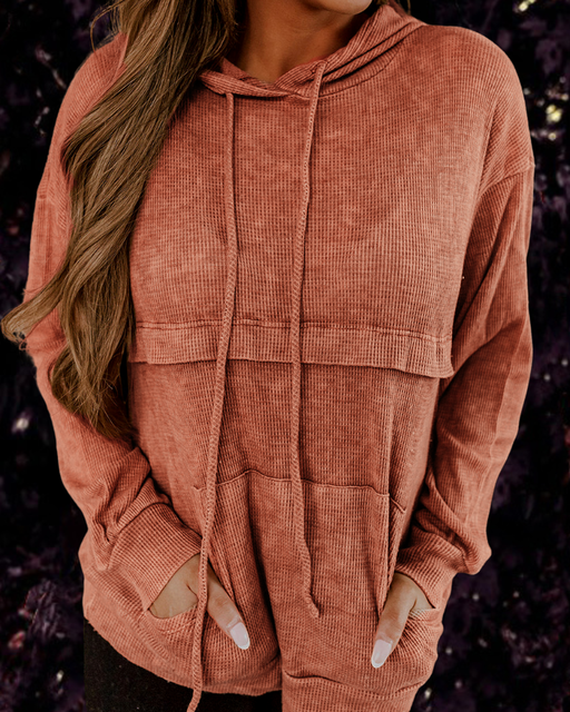 Color-Ladies Loose Waffle Cotton Loose Kangaroo Pocket Hooded-Fancey Boutique