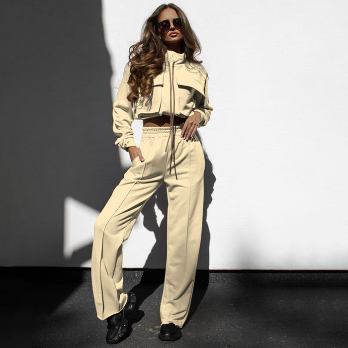 Color-Autumn Winter Solid Color Zipper Double Bag Drawstring Long Sleeve Top Casual Trousers Suit Women-Fancey Boutique