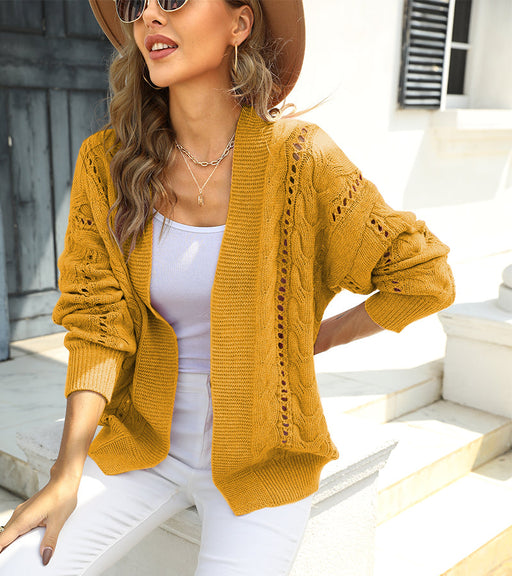 Color-Turmeric-Autumn Winter Solid Color V neck Long Sleeve Knitwear Office Sweater Hollow Out Cardigan Women-Fancey Boutique