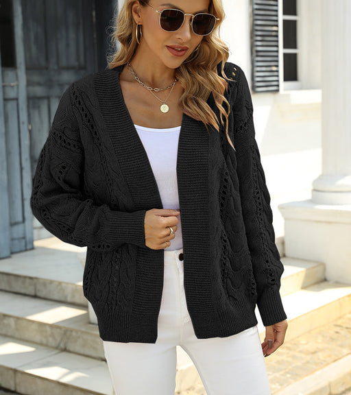 Color-Black-Autumn Winter Solid Color V neck Long Sleeve Knitwear Office Sweater Hollow Out Cardigan Women-Fancey Boutique