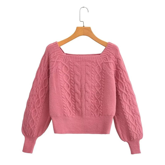 Color-Soft Glutinous Cable Knit Sweater Women Autumn Winter Sweet Idle Design Square Collar Short Sweater-Fancey Boutique