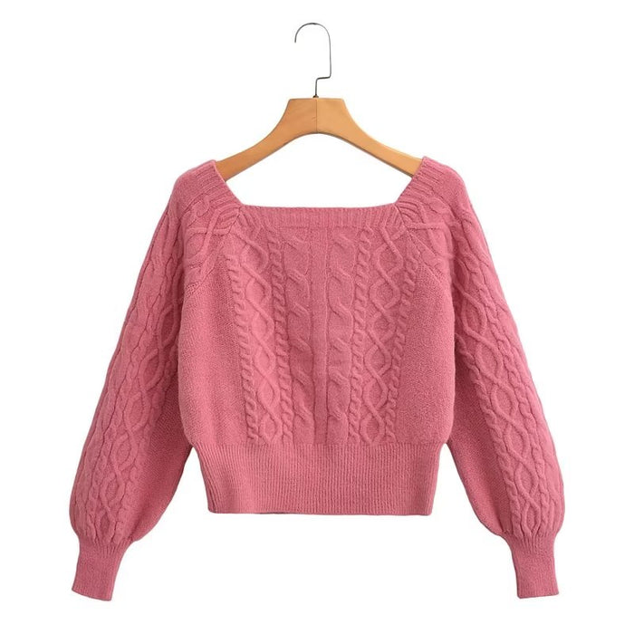 Color-Soft Glutinous Cable Knit Sweater Women Autumn Winter Sweet Idle Design Square Collar Short Sweater-Fancey Boutique