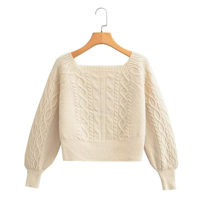 Color-Soft Glutinous Cable Knit Sweater Women Autumn Winter Sweet Idle Design Square Collar Short Sweater-Fancey Boutique