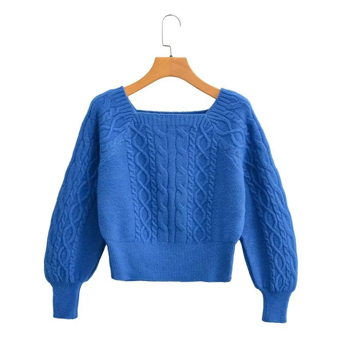 Color-Soft Glutinous Cable Knit Sweater Women Autumn Winter Sweet Idle Design Square Collar Short Sweater-Fancey Boutique