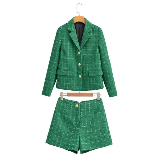 Color-Green-Women Long Sleeve Spring Office Blazer Shorts Suit-Fancey Boutique