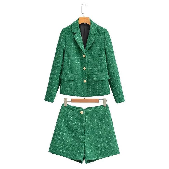 Color-Green-Women Long Sleeve Spring Office Blazer Shorts Suit-Fancey Boutique