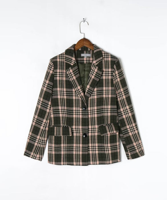 Color-Multi-Fall Olive Green Plaid Padded Shoulder Collared Loose Blazer Elegant Casual Plaid Top-Fancey Boutique