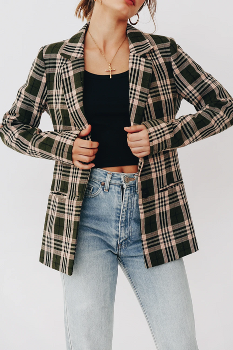 Color-Fall Olive Green Plaid Padded Shoulder Collared Loose Blazer Elegant Casual Plaid Top-Fancey Boutique