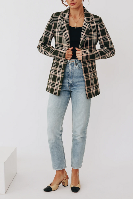 Color-Fall Olive Green Plaid Padded Shoulder Collared Loose Blazer Elegant Casual Plaid Top-Fancey Boutique