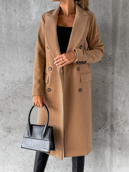 Color-Autumn Winter Women Clothing Long Sleeve Polo Collar Solid Color Double Breasted Slim Fit Coat Overcoat-Fancey Boutique