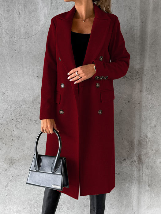 Color-Autumn Winter Women Clothing Long Sleeve Polo Collar Solid Color Double Breasted Slim Fit Coat Overcoat-Fancey Boutique