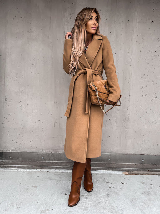 Color-Autumn Winter Women Clothing Solid Color Polo Collar Long Sleeved Woolen Coat Simple Lace up Trench Coat-Fancey Boutique