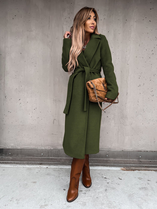 Color-Autumn Winter Women Clothing Solid Color Polo Collar Long Sleeved Woolen Coat Simple Lace up Trench Coat-Fancey Boutique