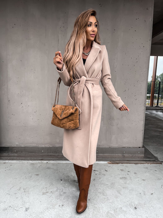 Color-Autumn Winter Women Clothing Solid Color Polo Collar Long Sleeved Woolen Coat Simple Lace up Trench Coat-Fancey Boutique