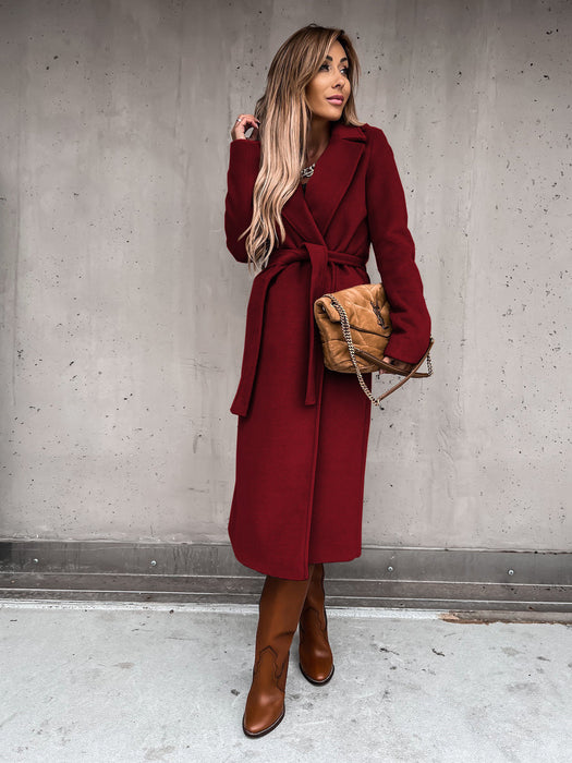 Color-Autumn Winter Women Clothing Solid Color Polo Collar Long Sleeved Woolen Coat Simple Lace up Trench Coat-Fancey Boutique