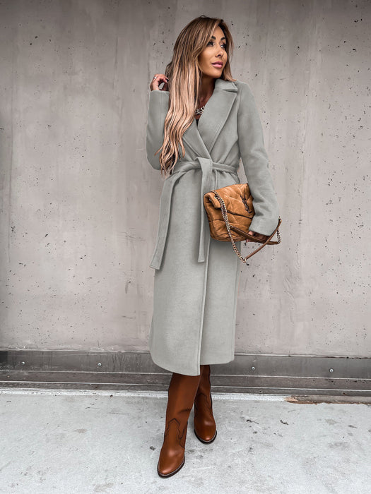 Color-Autumn Winter Women Clothing Solid Color Polo Collar Long Sleeved Woolen Coat Simple Lace up Trench Coat-Fancey Boutique