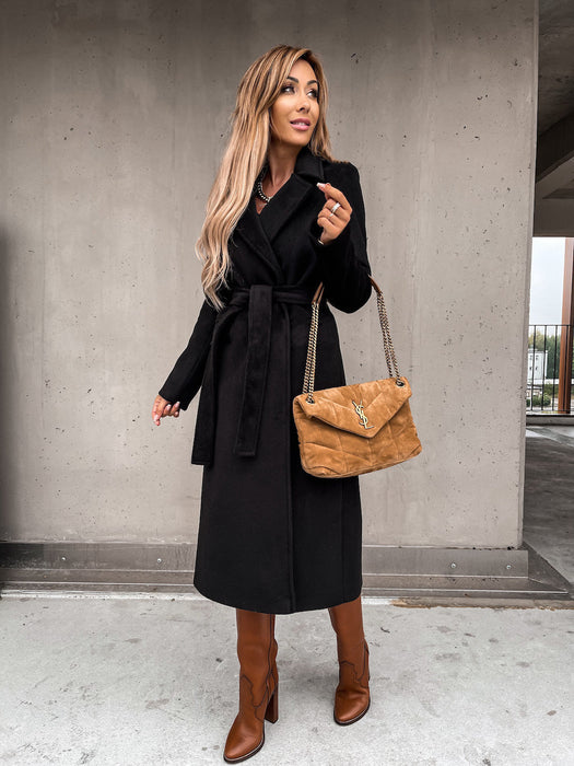 Color-Autumn Winter Women Clothing Solid Color Polo Collar Long Sleeved Woolen Coat Simple Lace up Trench Coat-Fancey Boutique