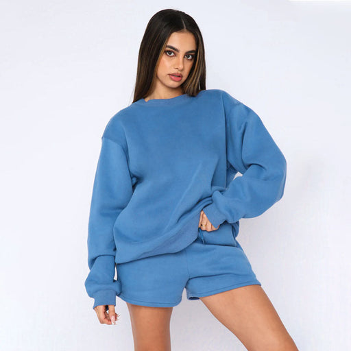 Color-Cotton Autumn Winter Solid Color round Neck Pullover Long Sleeve Sweater Women Casual Shorts Set-Fancey Boutique