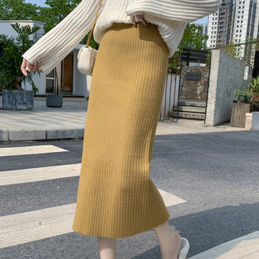 Color-Turmeric-Knitted Skirt Women Autumn Winter with Sweater High Waist Mid Length Wool Thickened Split Hip Skirt Tide-Fancey Boutique