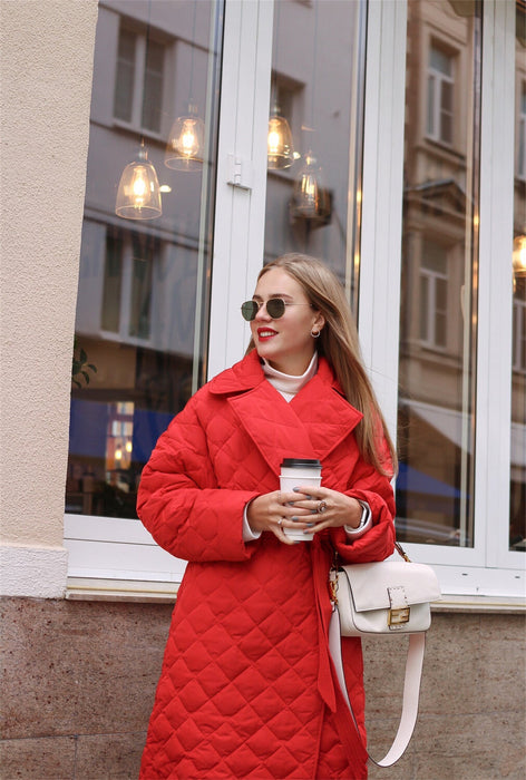 Color-Warm Keeping Cotton Clothing Cotton Padded Coat for Winter Women Rhombus Cotton-Padded Jacket Waist Tight Long Cut Coat Plus Size Coat for Women-Fancey Boutique
