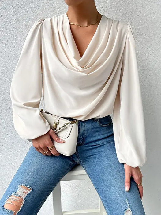 Color-Long Sleeved Shirt Loose Draped V neck Top T shirt Women Clothing-Fancey Boutique