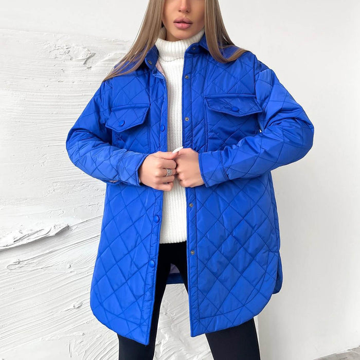 Color-Long Breasted Collared Loose Warm Rhombus Cotton Padded Coat Autumn Winter Wild Thickened Cotton Padded Coat for Women-Fancey Boutique
