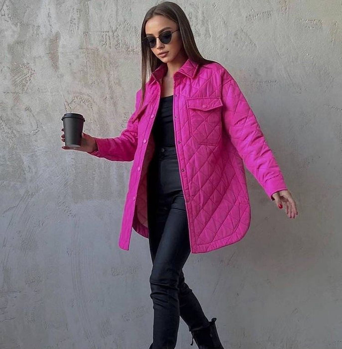 Color-Long Breasted Collared Loose Warm Rhombus Cotton Padded Coat Autumn Winter Wild Thickened Cotton Padded Coat for Women-Fancey Boutique