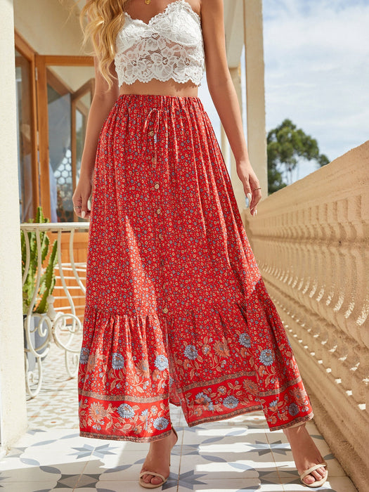Color-Red-Women Summer Printed Tie Maxi A Line Skirt-Fancey Boutique