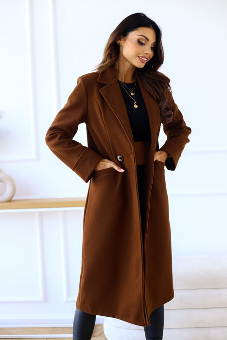 Color-Autumn Winter Women Clothing Simple Solid Color Double Breasted Long Sleeve Collared Button Woolen Coat-Fancey Boutique