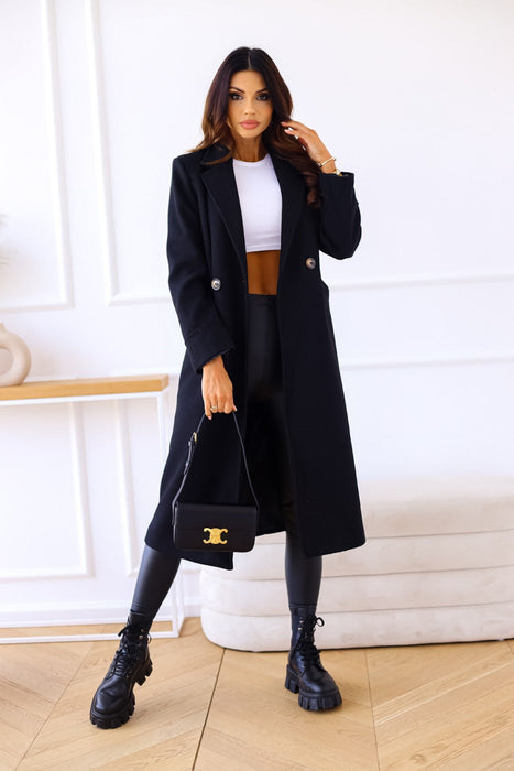 Color-Autumn Winter Women Clothing Simple Solid Color Double Breasted Long Sleeve Collared Button Woolen Coat-Fancey Boutique