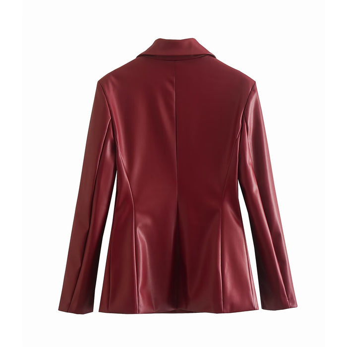 Color-Autumn Winter Women Clothing Faux Leather Double Breasted Blazer Tops-Fancey Boutique