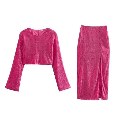 Color-Rose Sequin Top Skirt Suit-Fancey Boutique