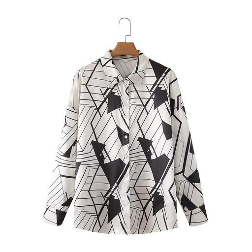 Color-Simple Autumn Women Chic Contrast Color Geometric Abstract Pattern Mid Length Collared Long Sleeve Shirt-Fancey Boutique