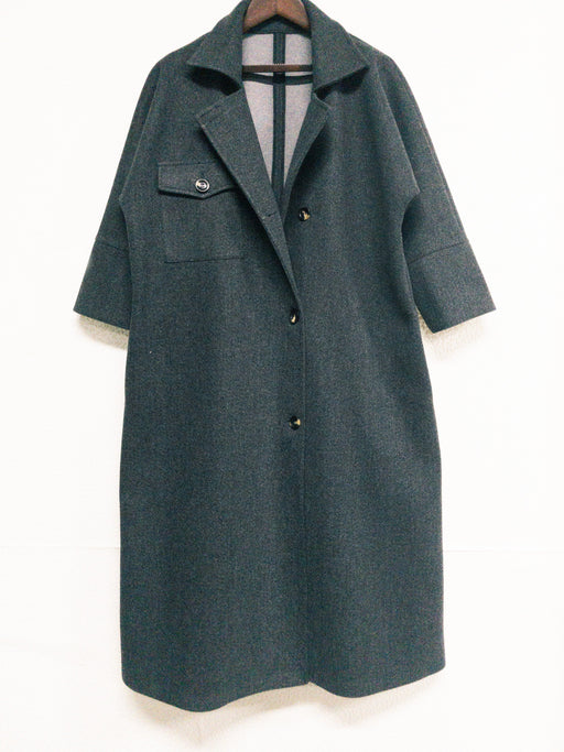 Color-Dark Grey-Autumn Winter Women Overcoat Woolen Ultra Long Loose Double Pocket Collared Simple Coat-Fancey Boutique