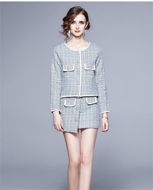 Color-Blue-Tweed Suit New Autumn And Winter Suit Dress Temperament Two Piece Set-Fancey Boutique