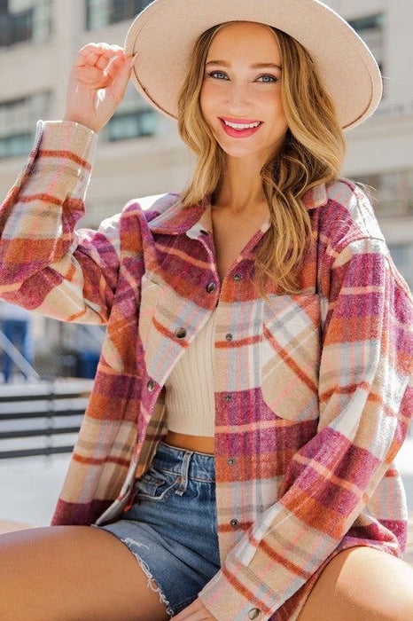 Color-Women Clothing Autumn Winter Plaid Coat Casual Loose Lapels Woolen Coat-Fancey Boutique