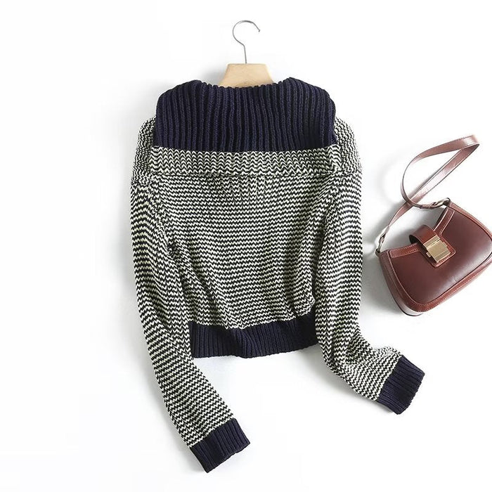 Color-Winter Large Collared Contrasting Color Jacquard Short Pullover Knitted Sweater Women-Fancey Boutique