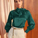 Color-Women Shirt Autumn Elegant Solid Color Satin Long Sleeve Bow Collar Women Top-Fancey Boutique