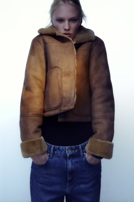 Color-Autumn Winter Fur Suede Texture Effect Double Sided Short Jacket-Fancey Boutique