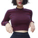 Color-Red-Classic Striped Slimming Short Bare Cropped Slim Fit Half High Collar Long Sleeves T shirt Top Women-Fancey Boutique