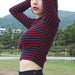 Color-Red-Classic Striped Slimming Short Bare Cropped Slim Fit Half High Collar Long Sleeves T shirt Top Women-Fancey Boutique