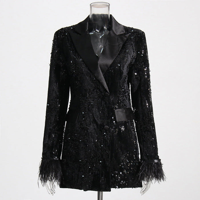 Color-Black-Autumn Socialite Affordable Luxury Sequined Blazer Slim Fit Cuff Furry Stitching Small Blazer-Fancey Boutique