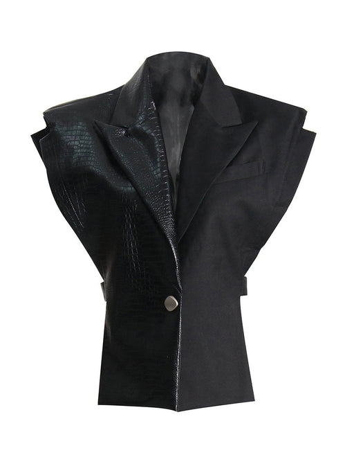 Color-Black-Fall Crocodile Pattern Leather Stitching Blzaer Fabric Vest Personalized Cut Stylish Adjustable Jacket-Fancey Boutique