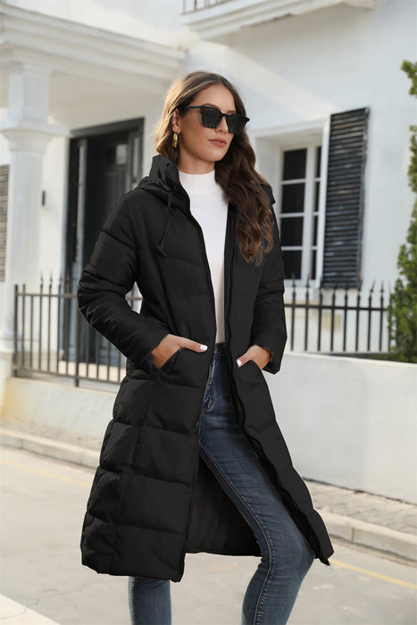 Color-Black-Winter Hooded Women Cotton Padded Clothing Women Mid Length Slim Quilted Coat Warm down Cotton Jacket Women Coat-Fancey Boutique