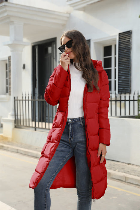 Color-Red-Winter Hooded Women Cotton Padded Clothing Women Mid Length Slim Quilted Coat Warm down Cotton Jacket Women Coat-Fancey Boutique