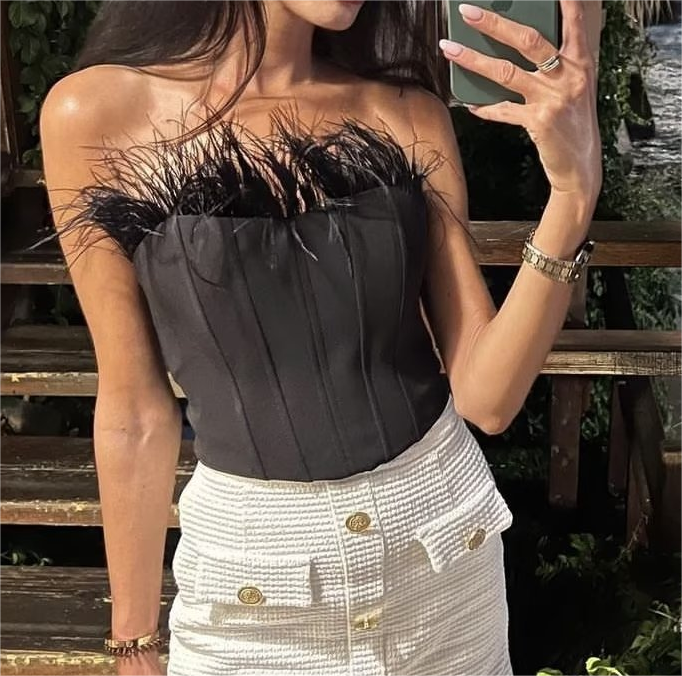 Color-Women Clothing French Sexy Feather Corset Top-Fancey Boutique
